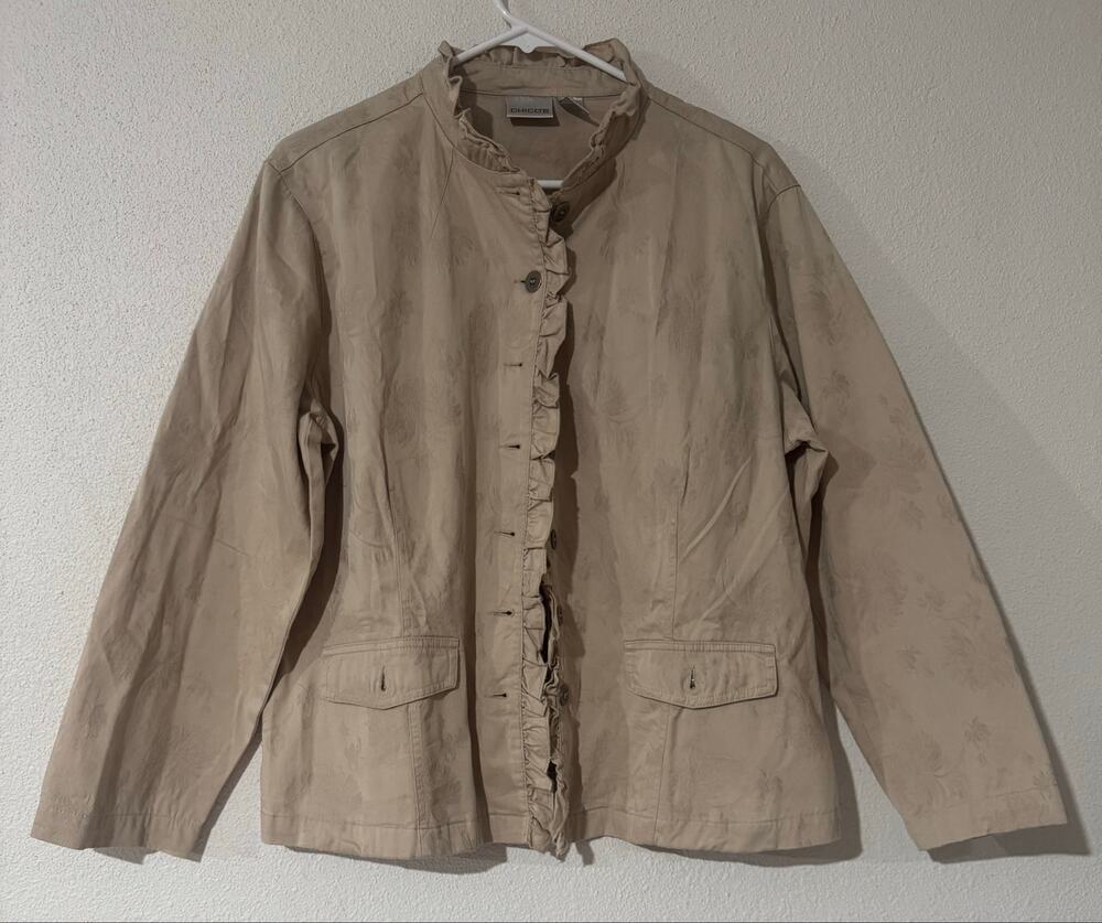 Chico’s Neutral Boho Romantic Ruffle Trim Button Front Jacket Quiet Luxury Tan